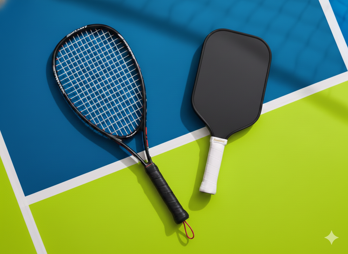 racquetball and paddle on the colored floor or blue and yellow green