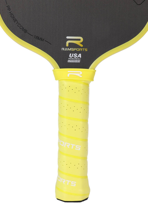 Close-up of the Ramsports Pure Pickleball Paddle, focusing on the handle and the logo
