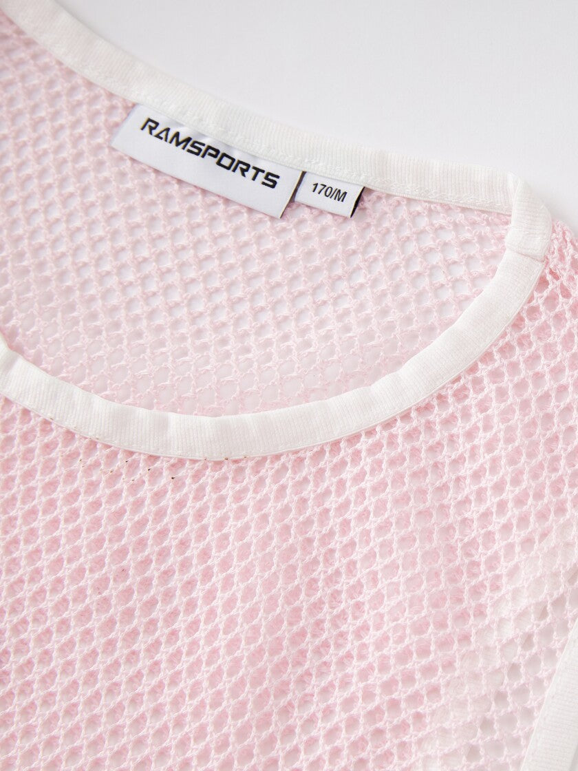 Closer view of Ramsports Court Flow Scoop Tank logo printed in the shirt in pink