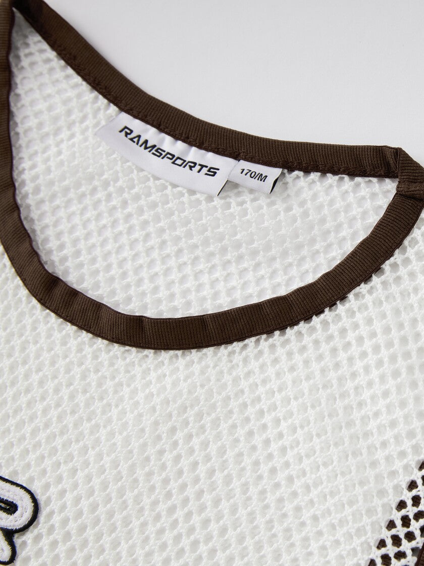 closer view of Ramsports Court Flow Scoop Tank in white near its printed logo