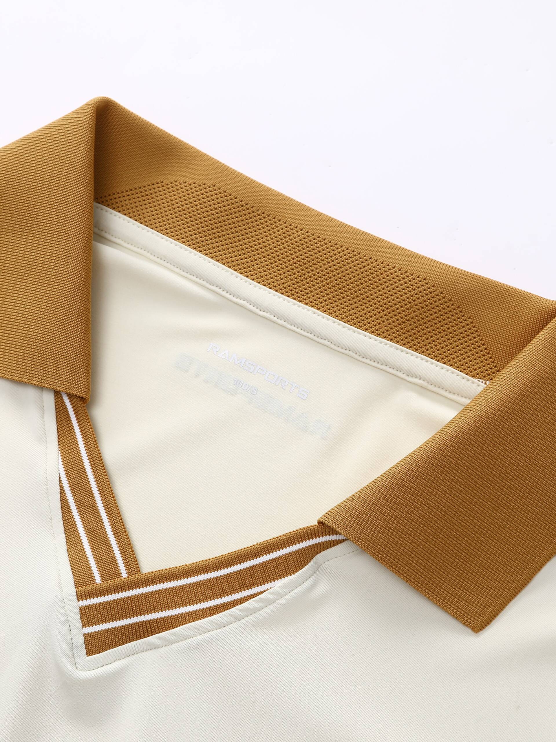 Close-up of the brownish-yellow collar area on the khaki Ramsports AirFlow V-Neck Polo, highlighting the visible logo design
