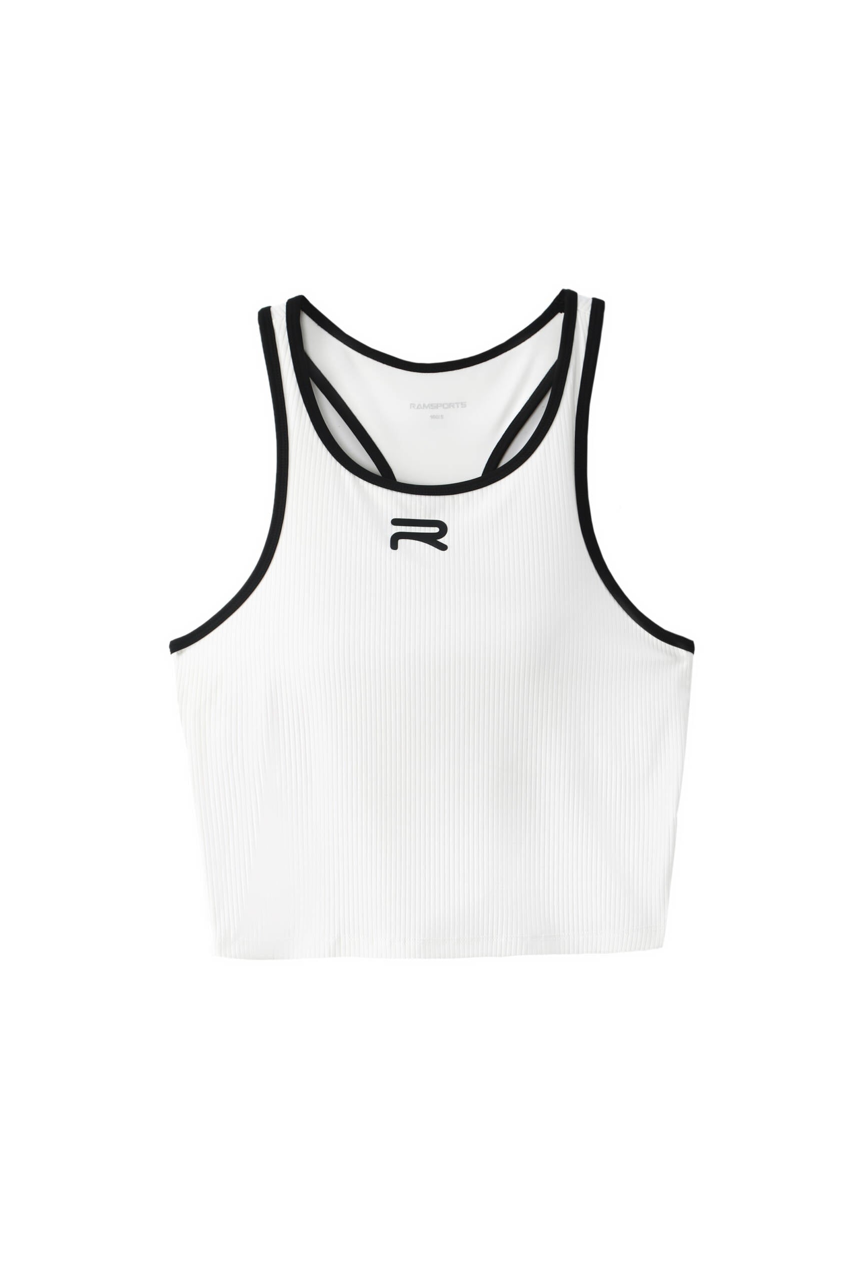 White Ramsports FlexTek Support Crop Tank displayed against a white background