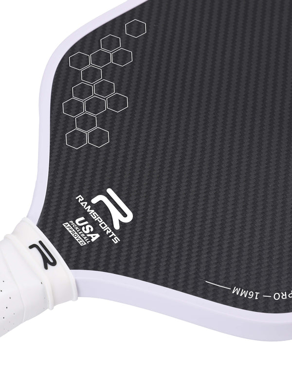 Zoomed-in image focusing on the Ramsports logo on the Ramsports Infinite Pro Pickleball Paddle