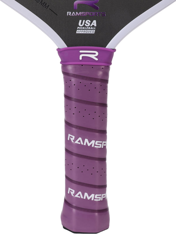 Close-up image of the handle of the Ramsports Purple Express Pickleball Paddle