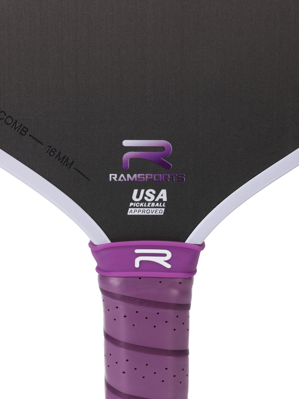 Zoomed-in image focusing on the area between the paddle face and handle of the Ramsports Purple Express Pickleball Paddle, highlighting the Ramsports logo