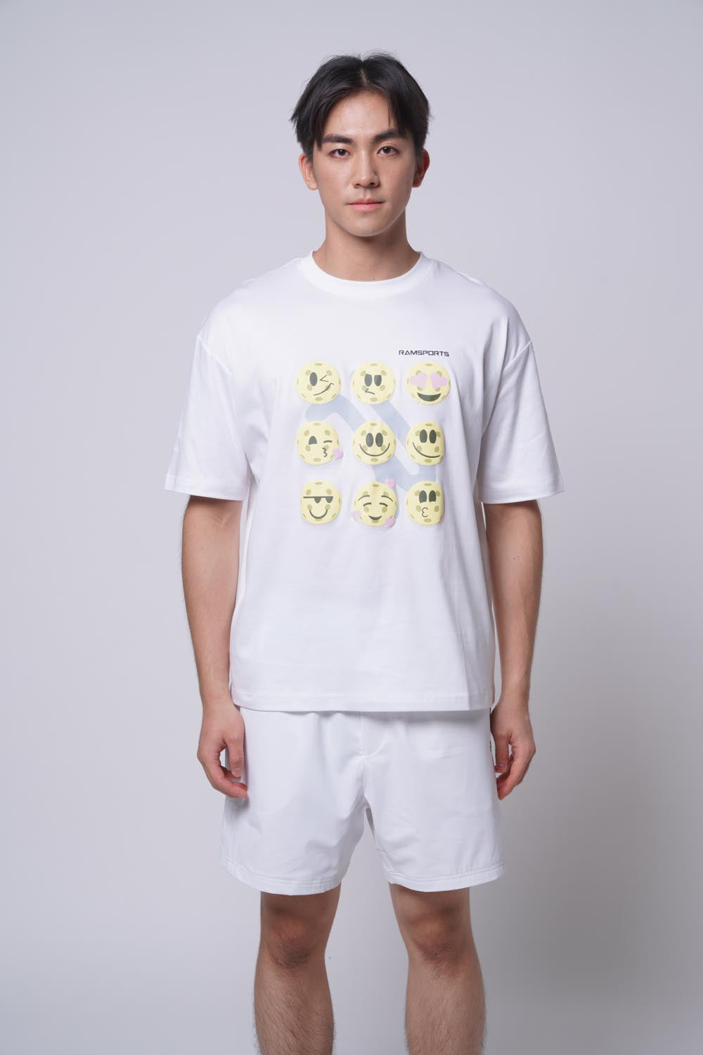 Asian male model wearing Ramsports Court Moods Icon Grid T-shirt in white