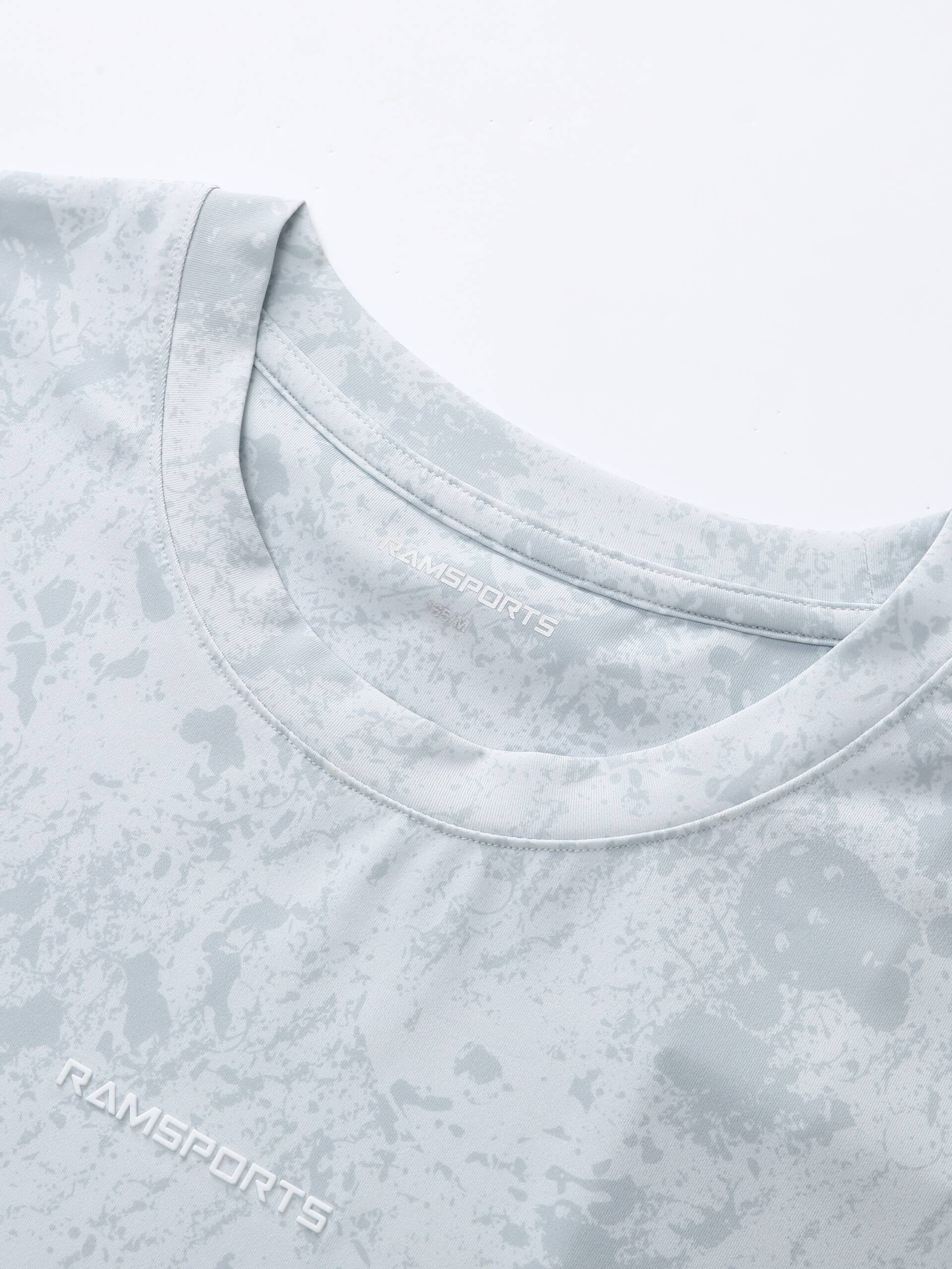 Zoomed-in image of the collar area on the gray Ramsports CoolDry Marble Print Tee, a closer look of the Ramsports logo
