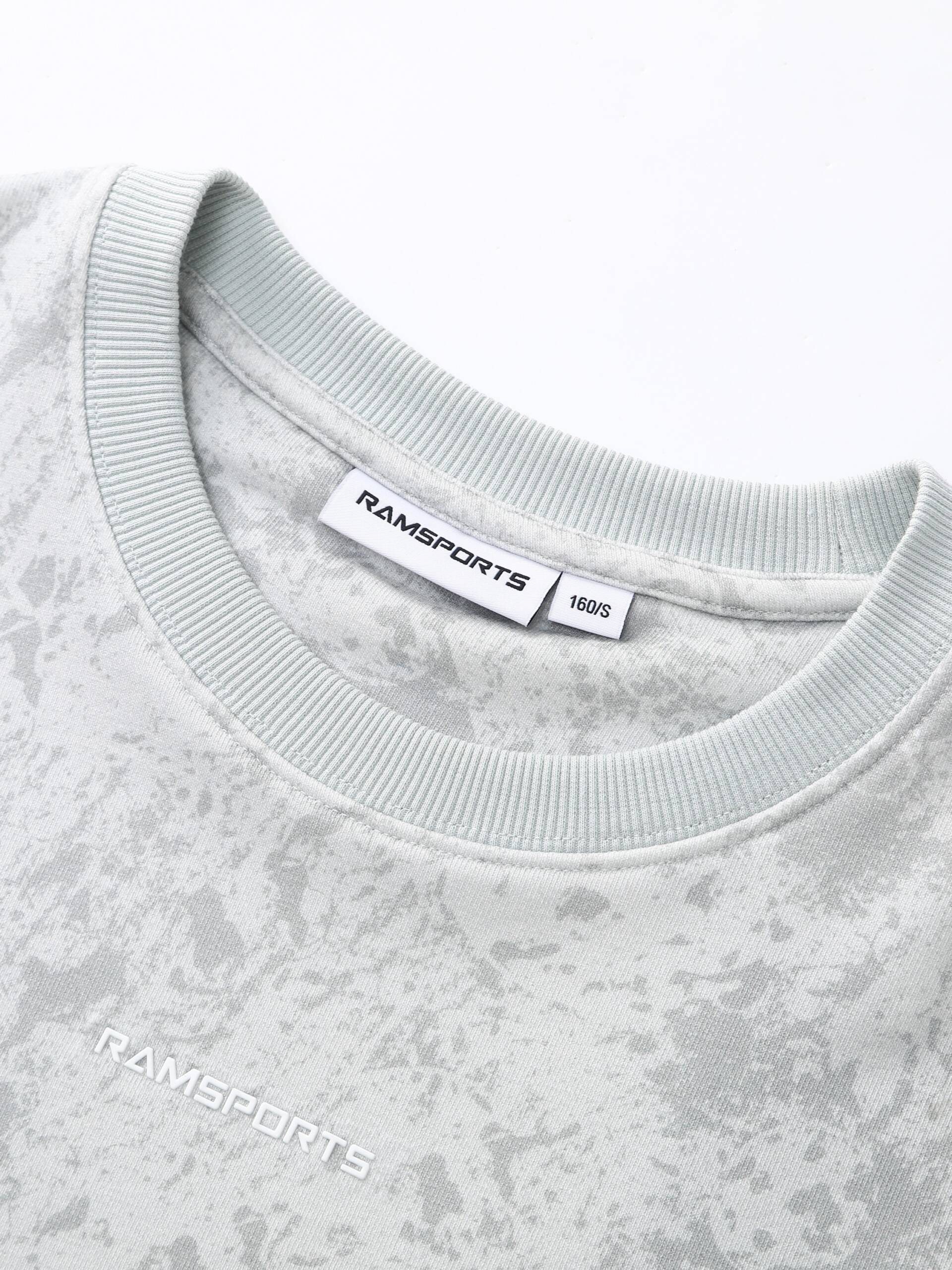 Zoomed-in image of the gray Ramsports EcoSoft Marble Print Crop Sweatshirt, focusing on the logo tag at the collar.