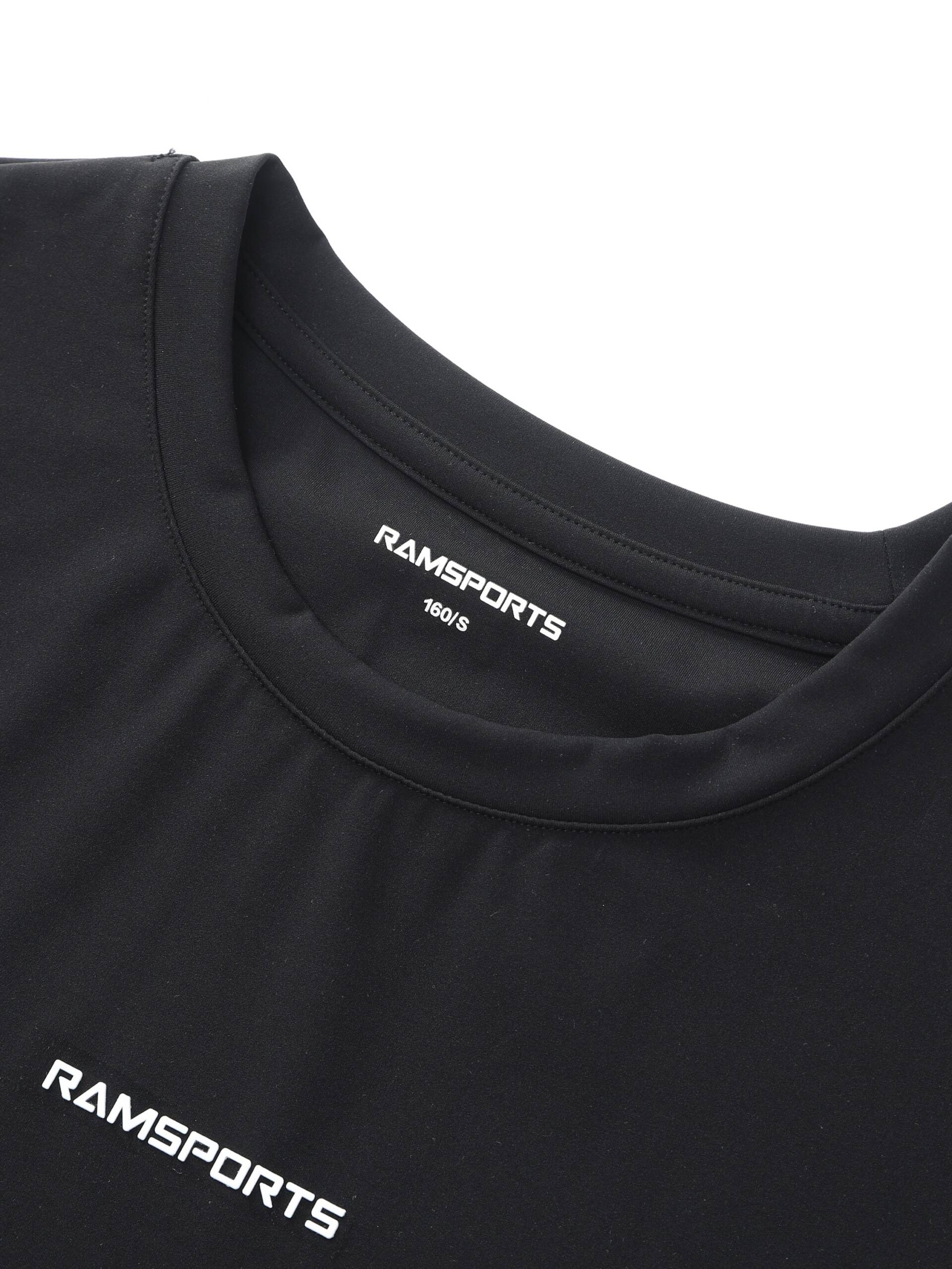 Close-up of the collar area showing the Ramsports logo design on the black Ramsports FlexTek Motion Tee