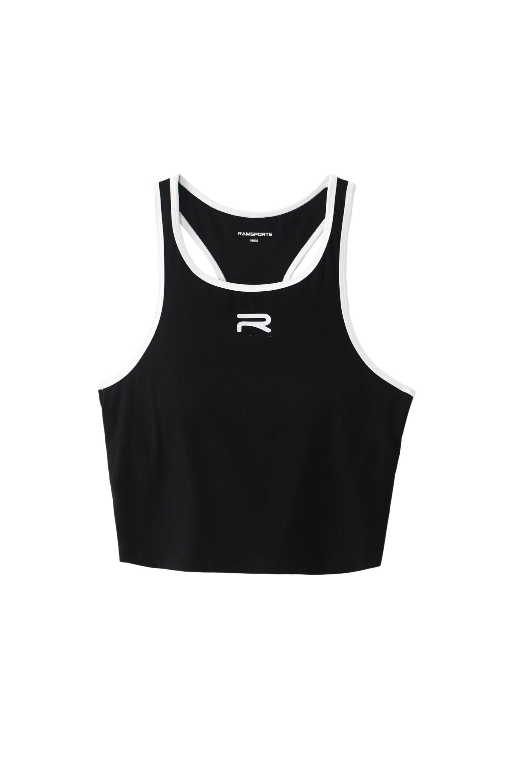 Black Ramsports FlexTek Support Crop Tank displayed against a white background