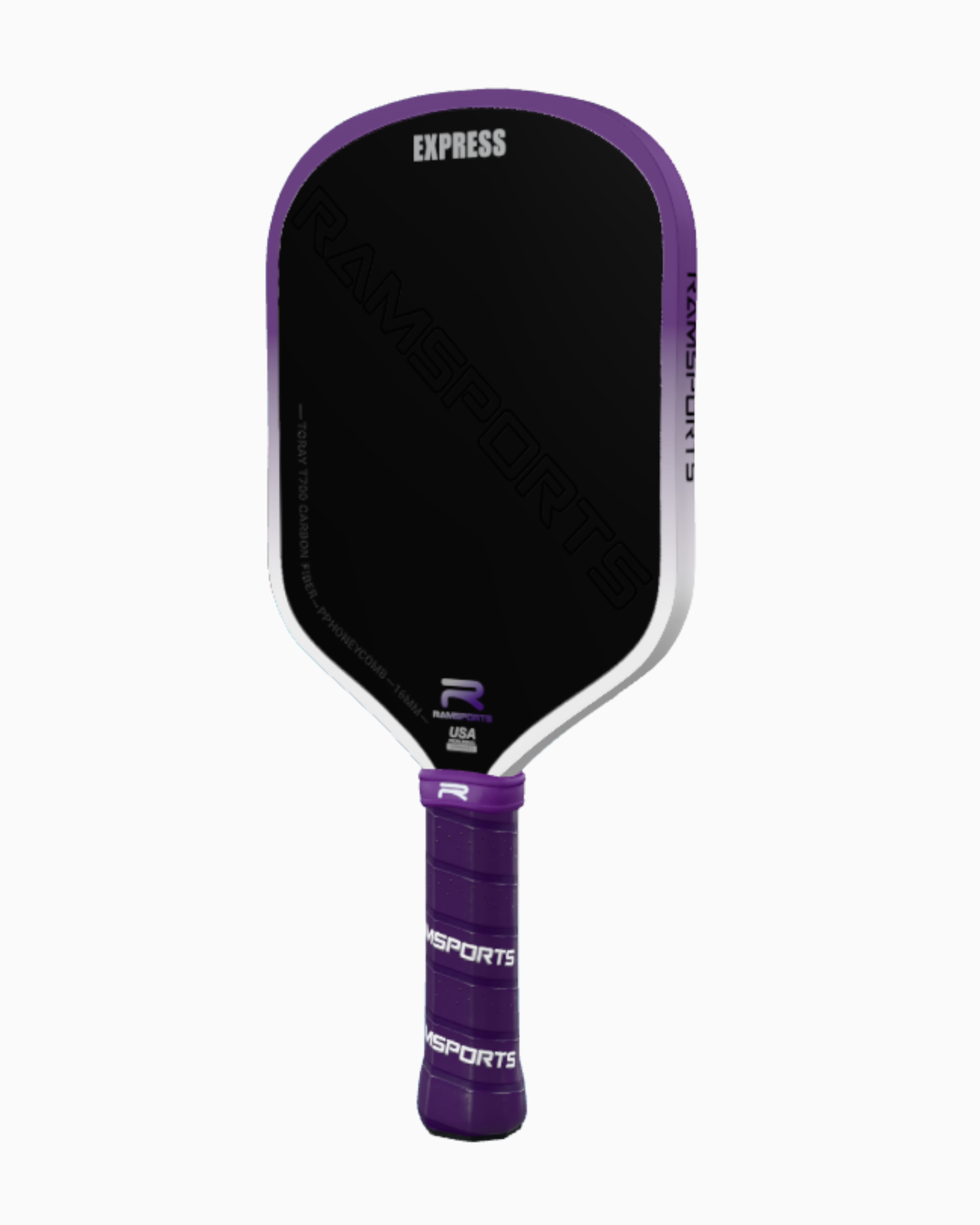 Ramsports Purple Express Pickleball Paddle displayed at a slight side angle against a white background