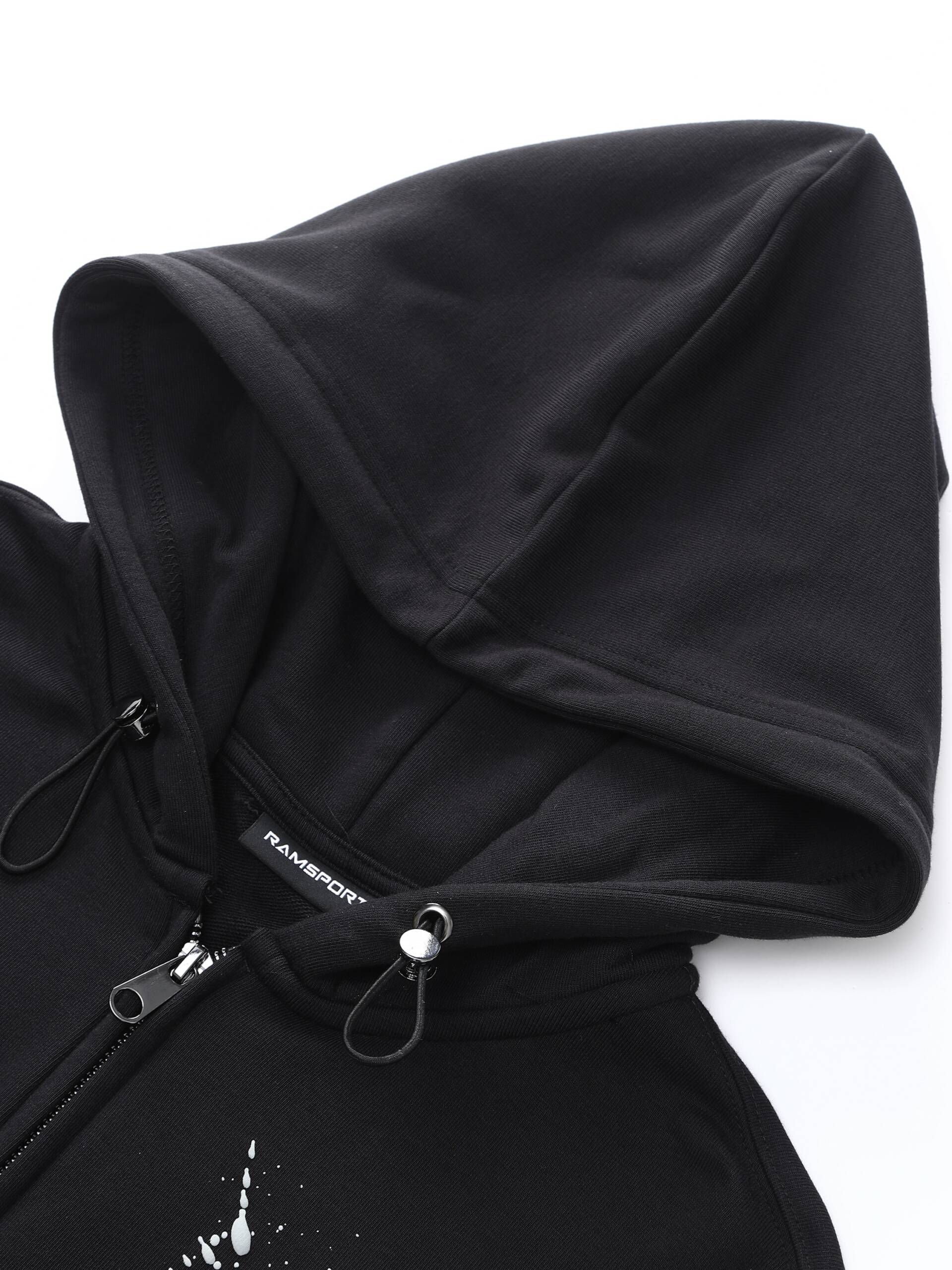Zoomed-in image of the black Ramsports EcoSoft Logo Hoodie against a white background
